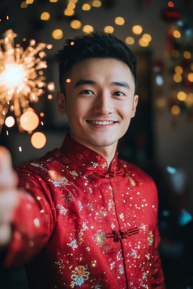 Celebrating with sparkles and joy in a festive atmosphere during the evening festivity photo