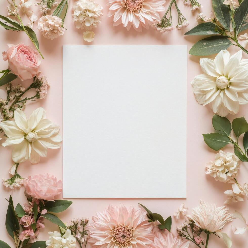 Floral arrangement with blank paper in soft pink hues on neutral background photo