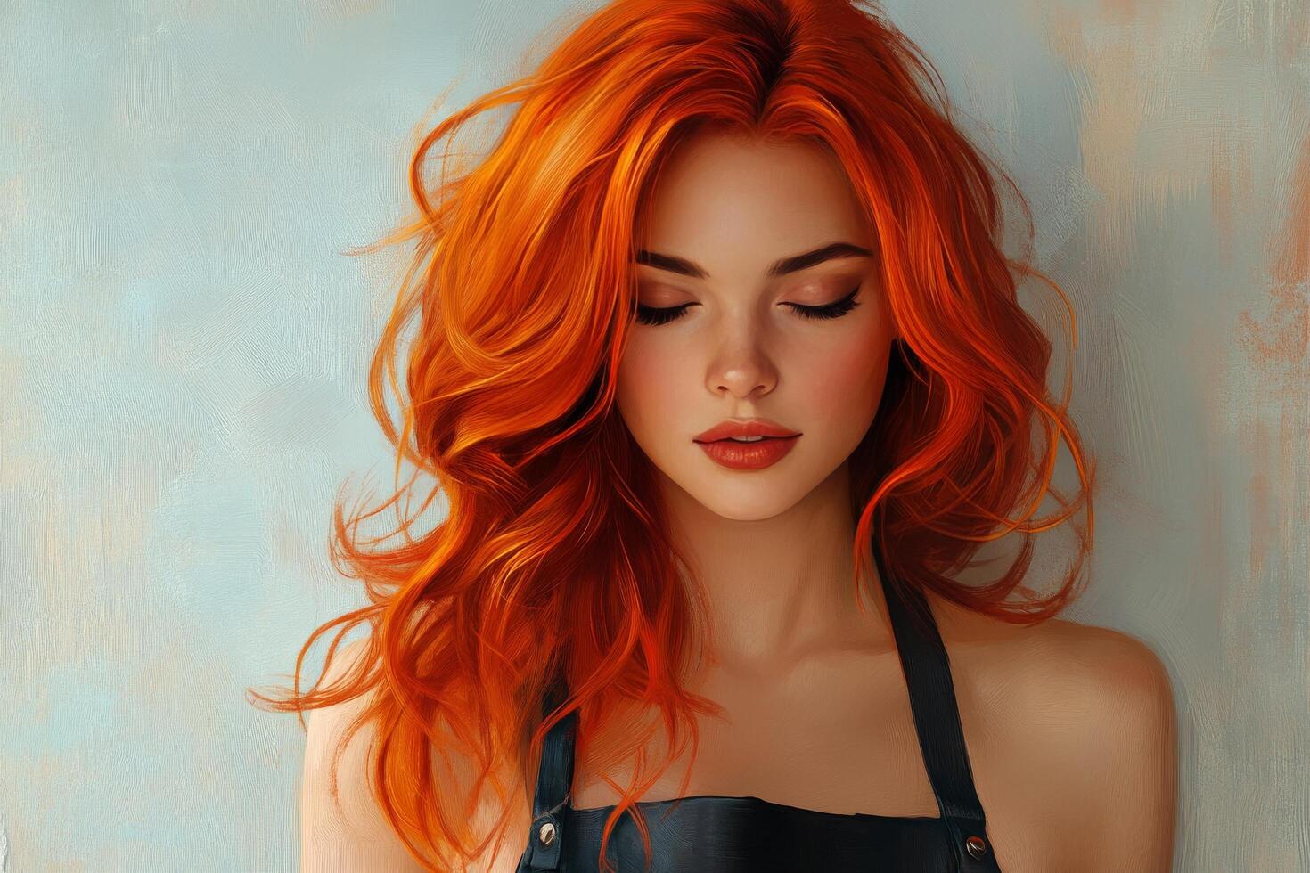Young woman with orange hair and freckles, working in a rustic caf setting during daylight hours photo