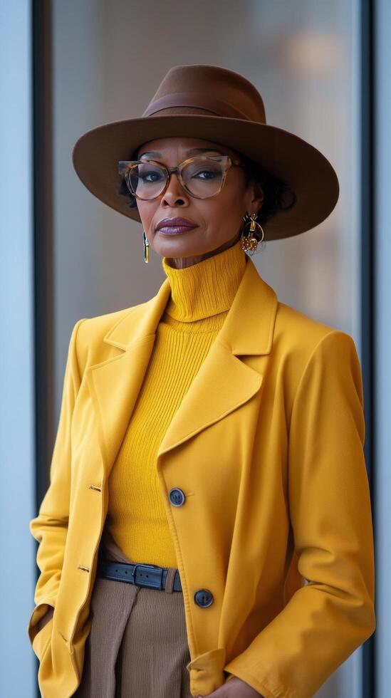Young woman in a brown hat and yellow jacket against a white background expressing confidence and style photo