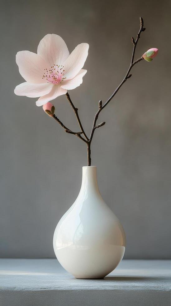 Elegant pink flower in a simple white vase against a soft gray background photo