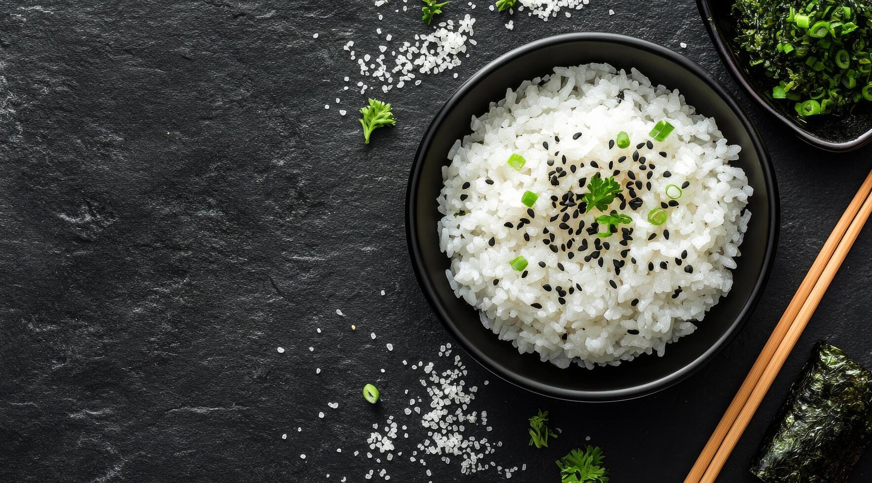Delicious white rice served in a bowl with chopsticks and fresh herbs on a dark background photo