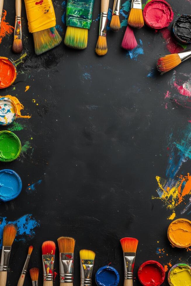 Colorful arrangement of paintbrushes and paint containers on a black surface for creative projects photo