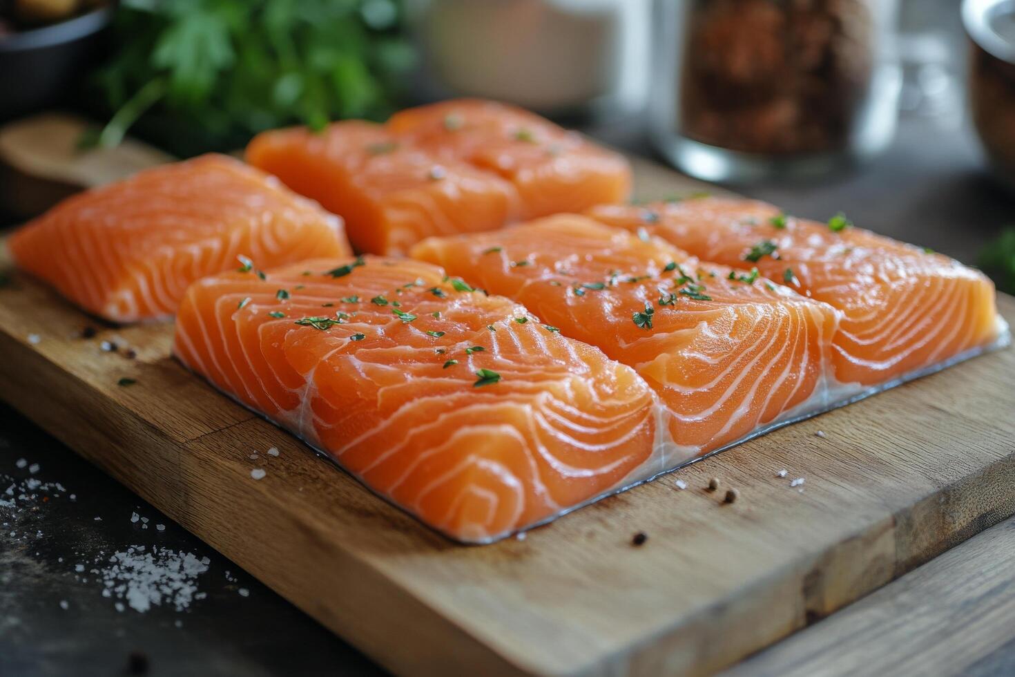Fresh salmon fillets prepared on a wooden cutting board with herbs and spices photo