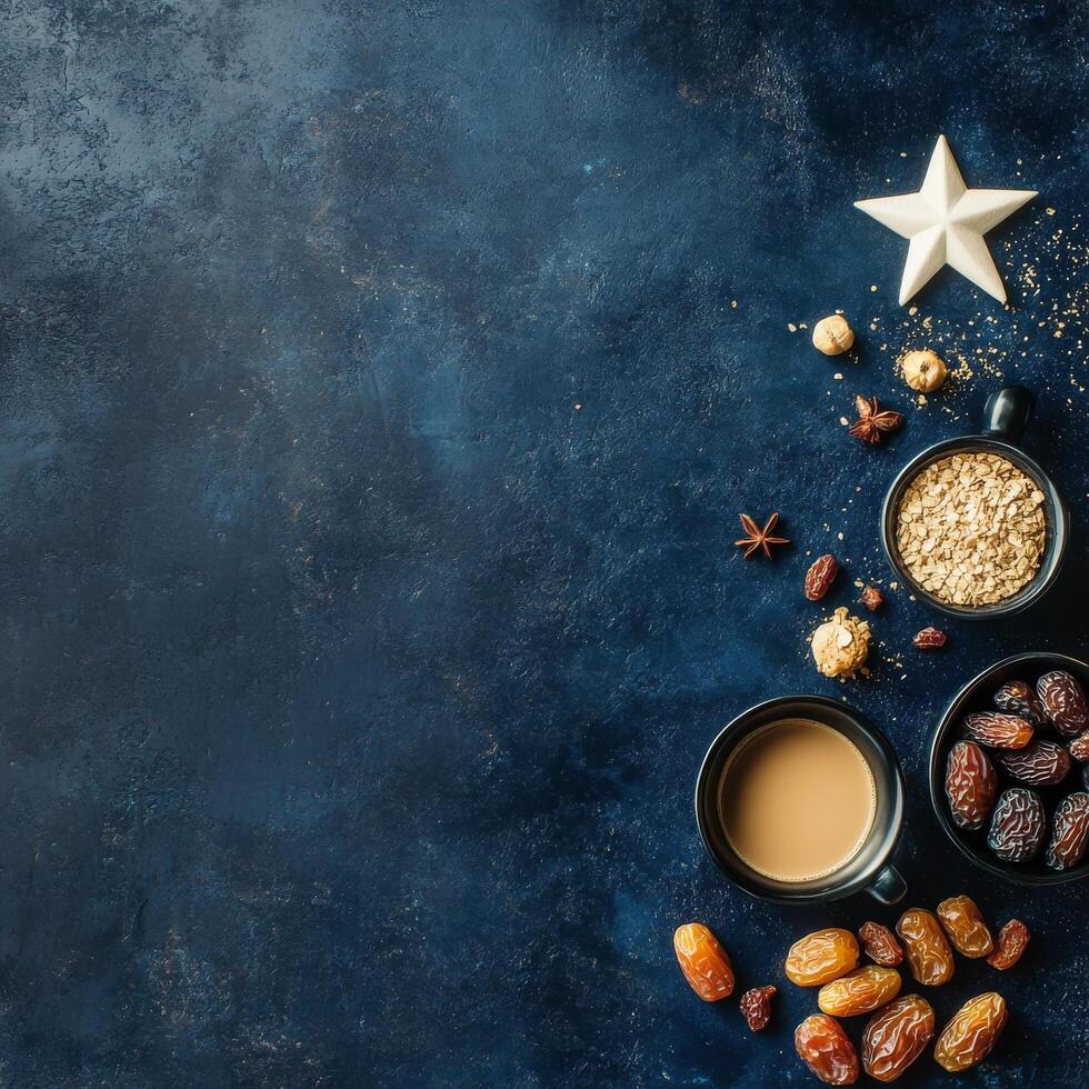 Fresh dates, spices, and coffee on a dark blue backdrop create a rich culinary experience photo