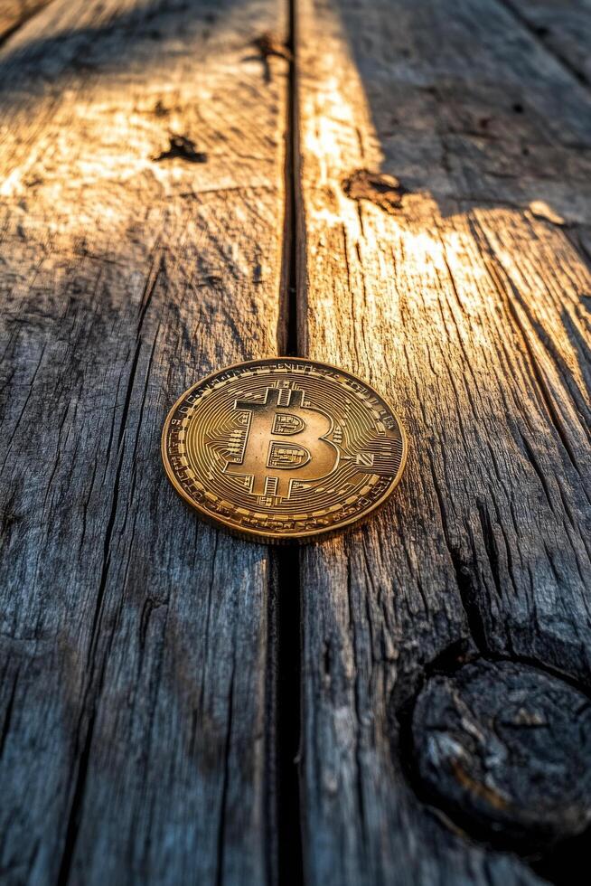 Bitcoin coin resting on a wooden surface illuminated by natural light at sunset photo