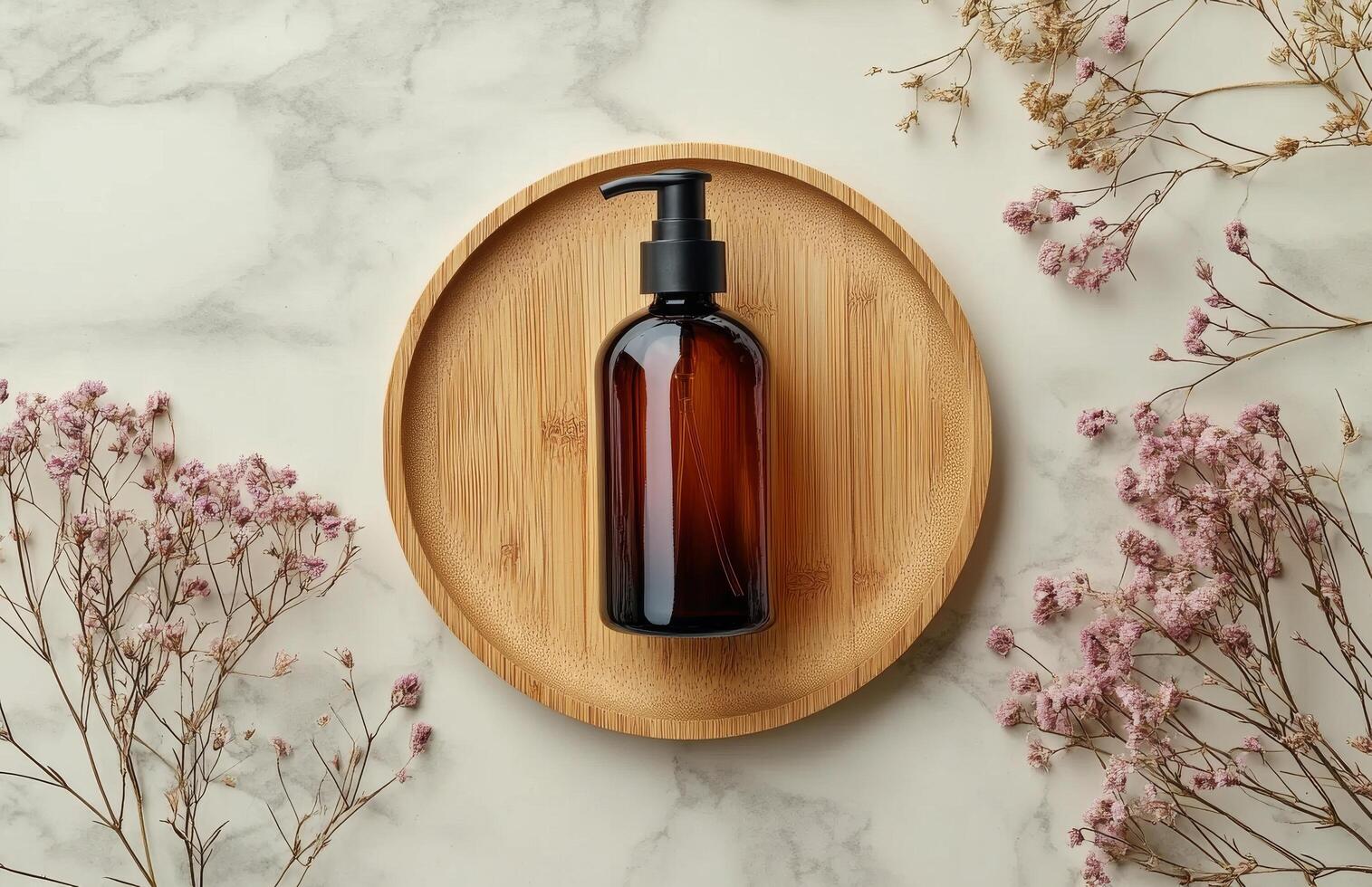 Rustic display of essential oil bottle on natural wooden plate with dried herbs and flowers photo