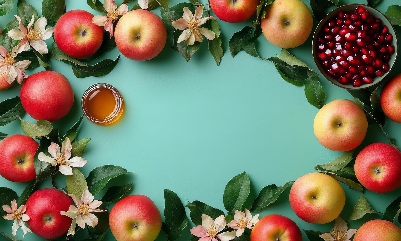 Fresh apples, pomegranates, and honey arranged on a turquoise background for a seasonal celebration photo