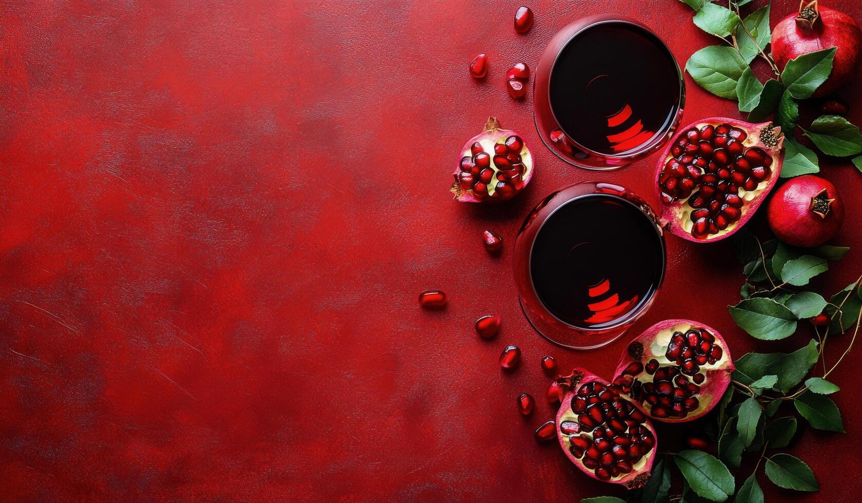 Rich red pomegranate juice served in glasses with fresh pomegranates and vibrant red background photo