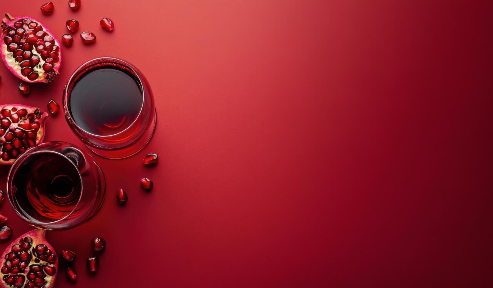 Rich red pomegranate juice served in glasses with fresh pomegranates and vibrant red background photo