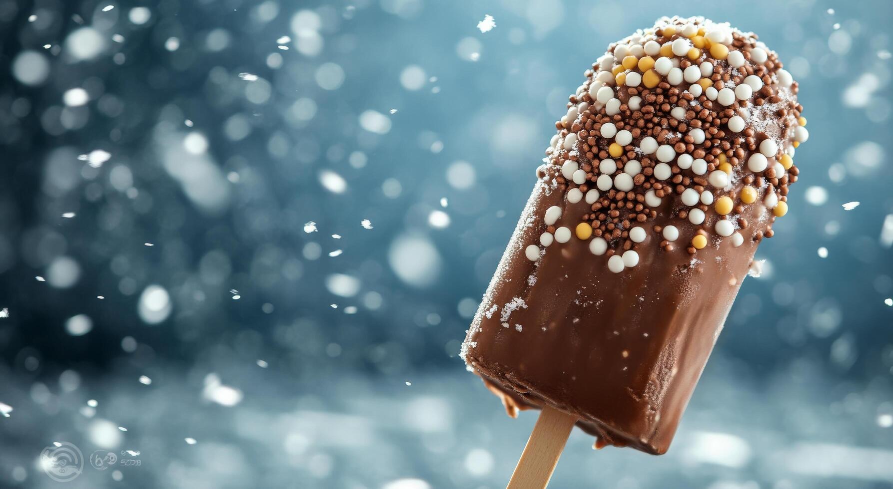 Chocolate coated popsicle covered in colorful sprinkles amidst falling snowflakes in winter photo