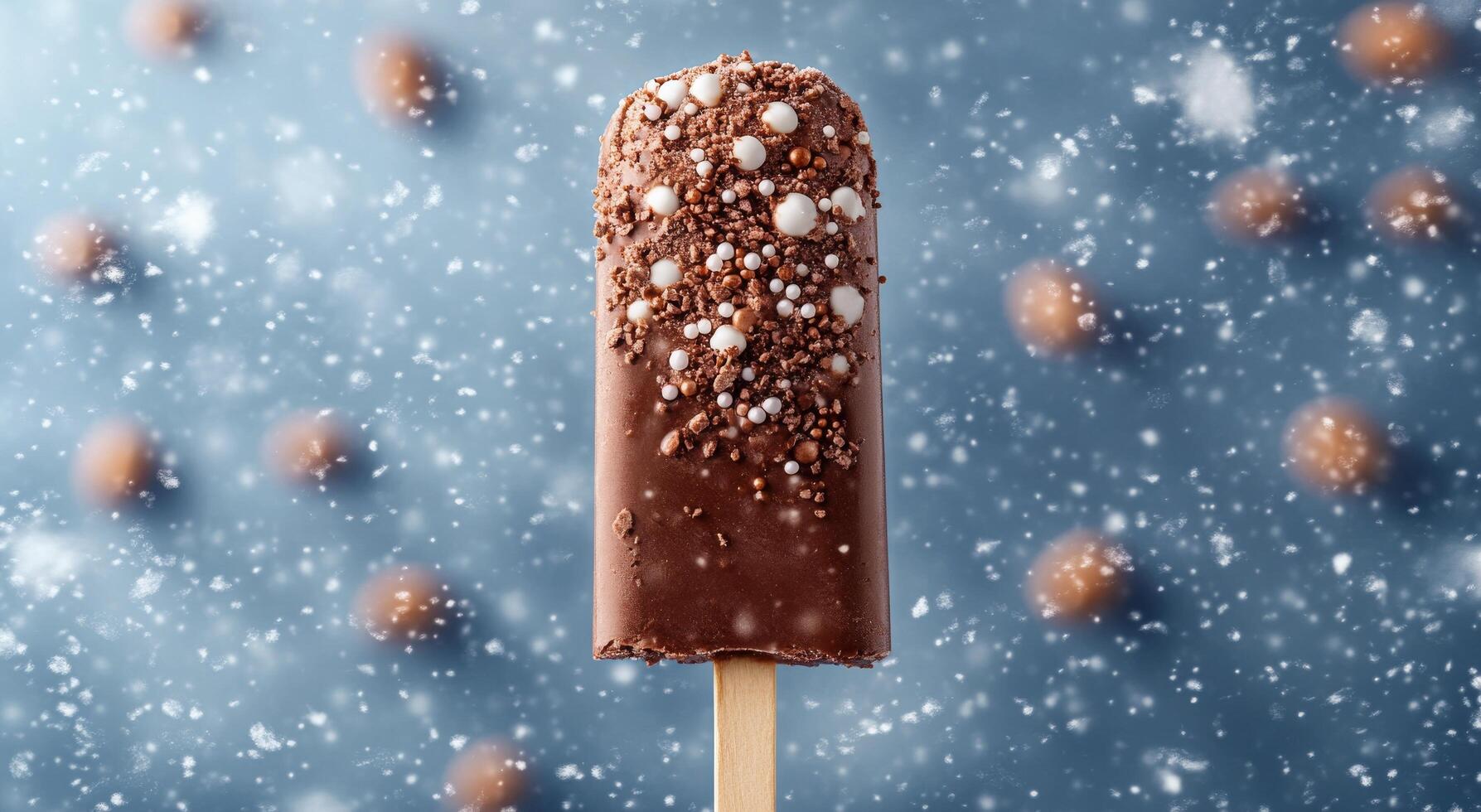 Chocolate coated popsicle covered in colorful sprinkles amidst falling snowflakes in winter photo