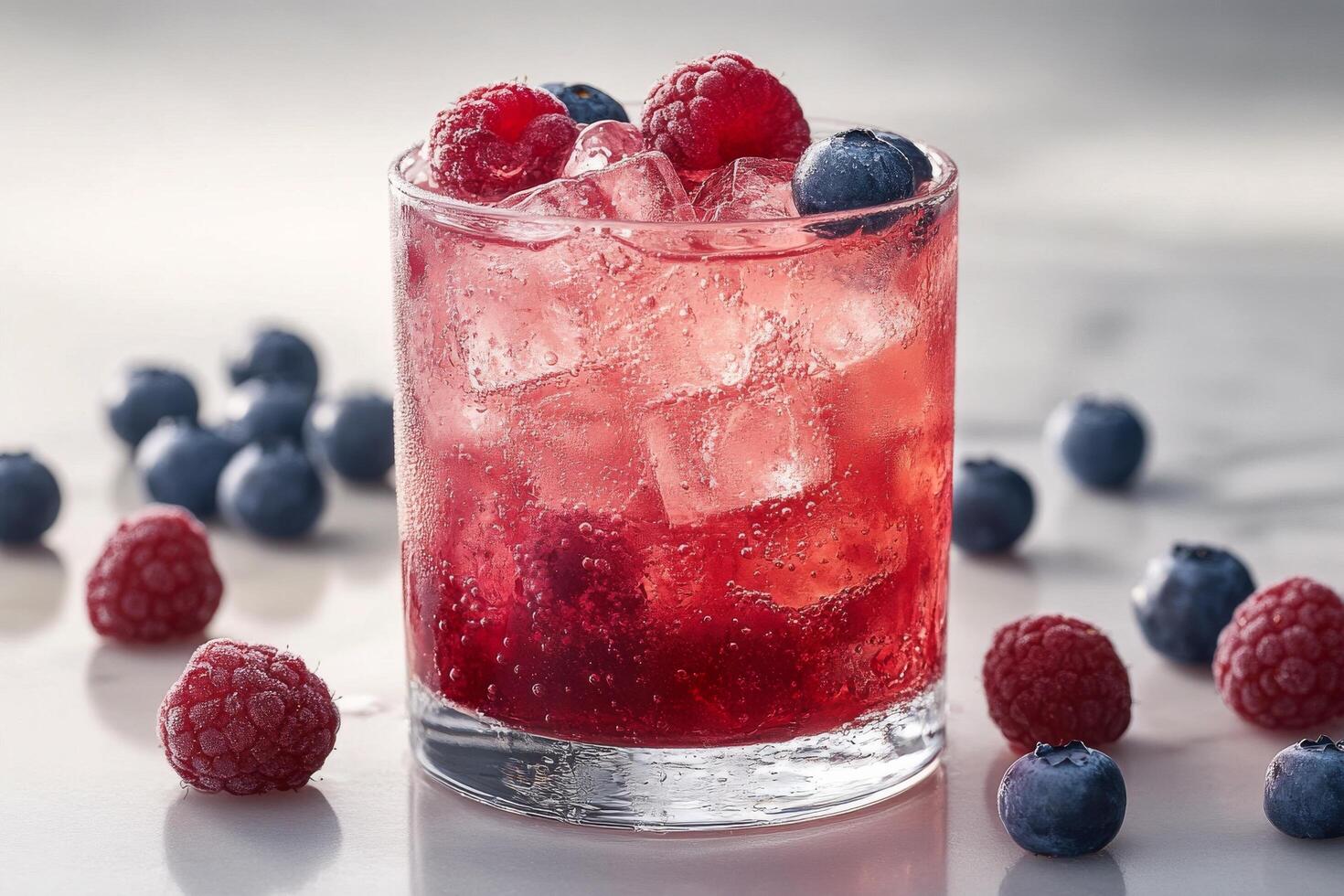 Refreshing berry beverage with ice and fresh fruits in a glass photo