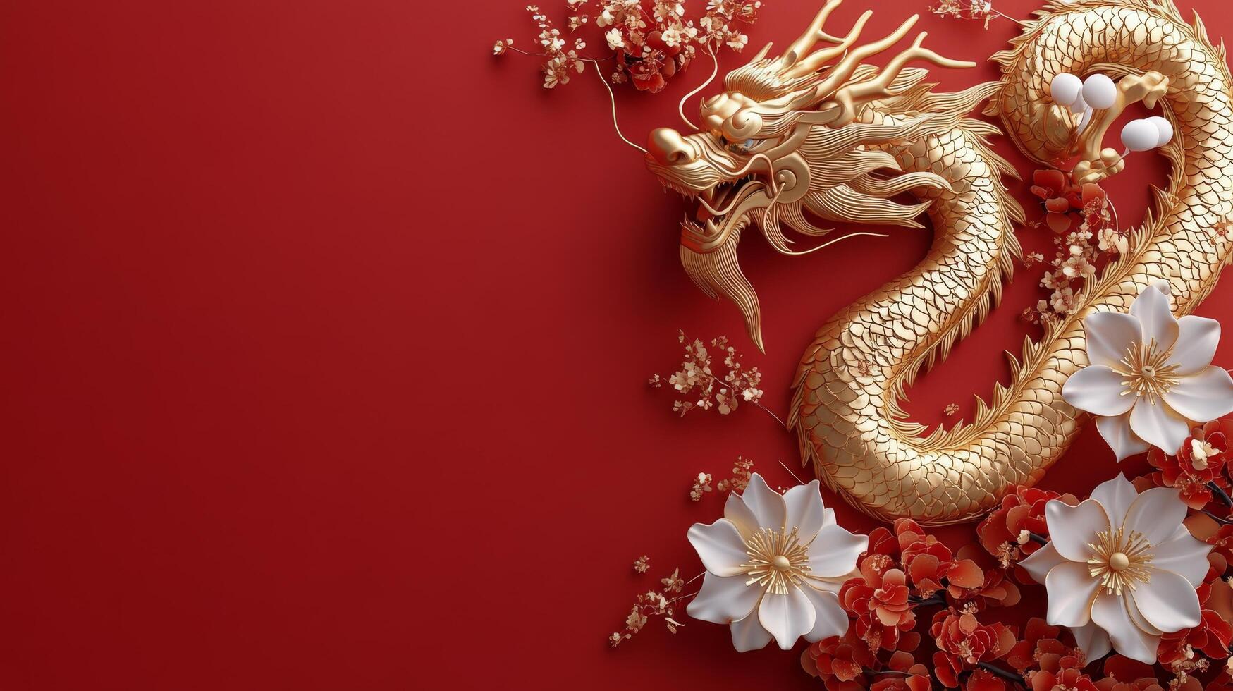 Golden dragon entwined with flowers on vibrant red background for celebratory decor photo