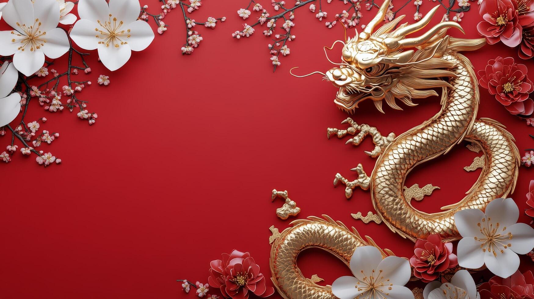 Golden dragon entwined with flowers on vibrant red background for celebratory decor photo
