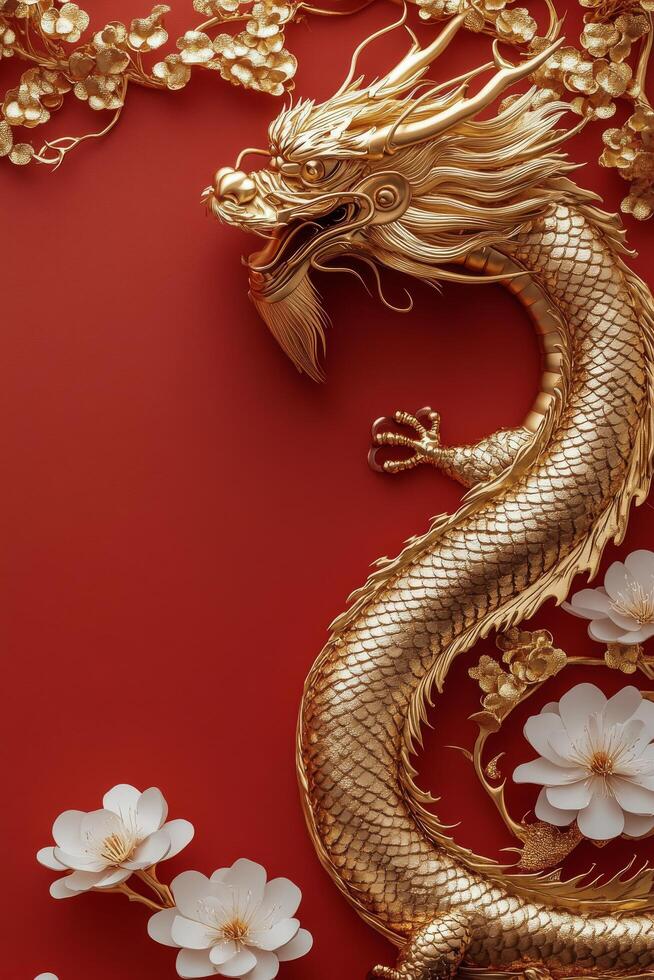 Golden dragon sculpture among blooming flowers on a vibrant red background photo