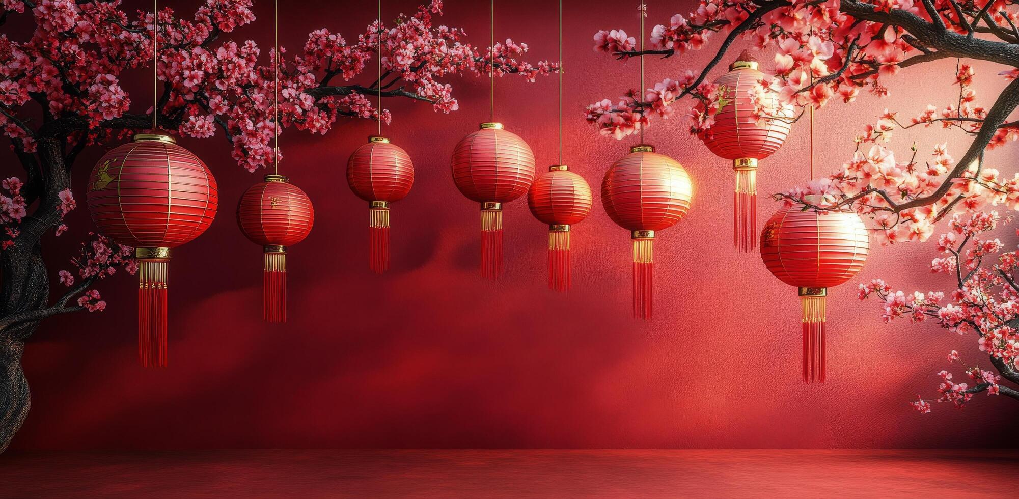Beautiful red lanterns hanging amidst blooming cherry blossoms in a serene setting photo