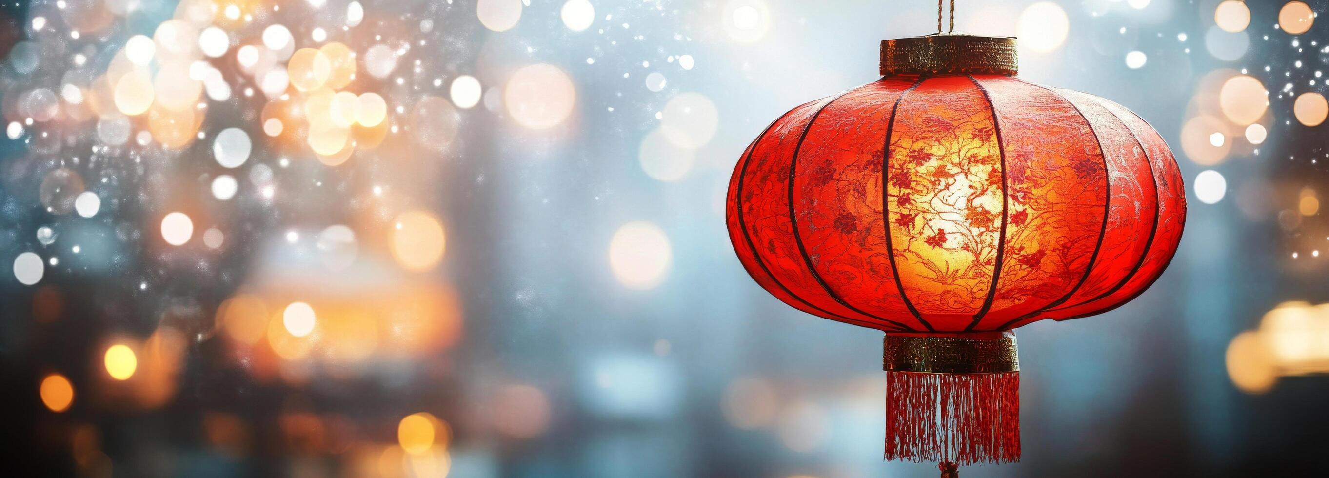 Red lantern glowing softly during a festive celebration in an illuminated urban setting photo