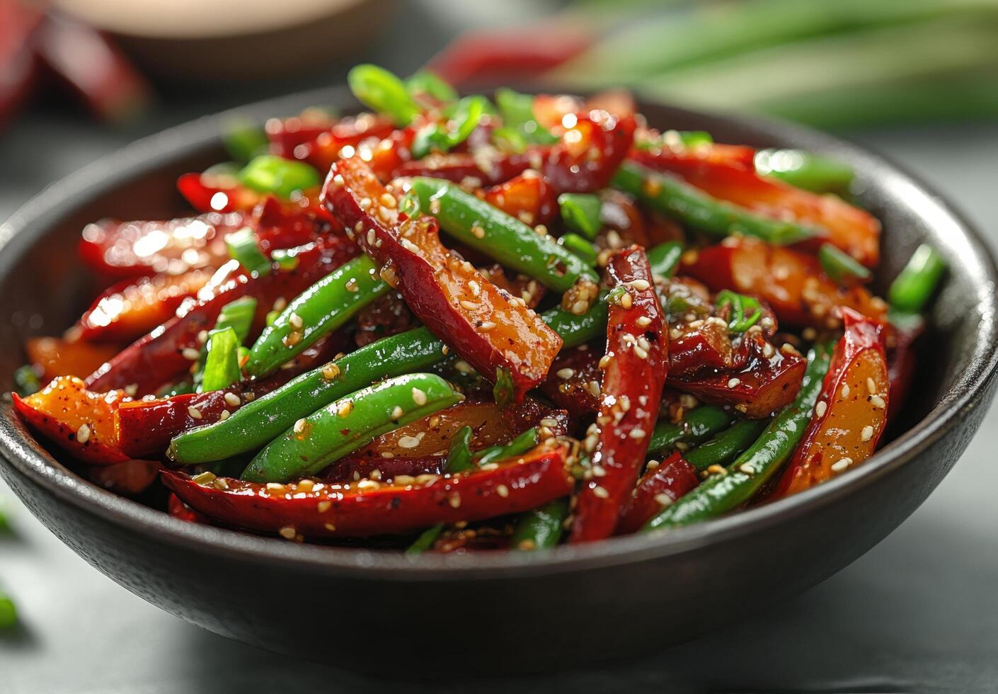 Delicious stir-fried vegetables with tofu and spices in a bowl photo