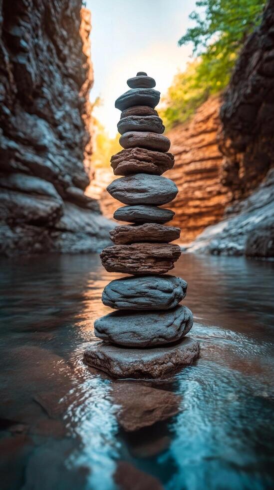 Stones stacked carefully in a tranquil stream surrounded by lush greenery and tall trees photo