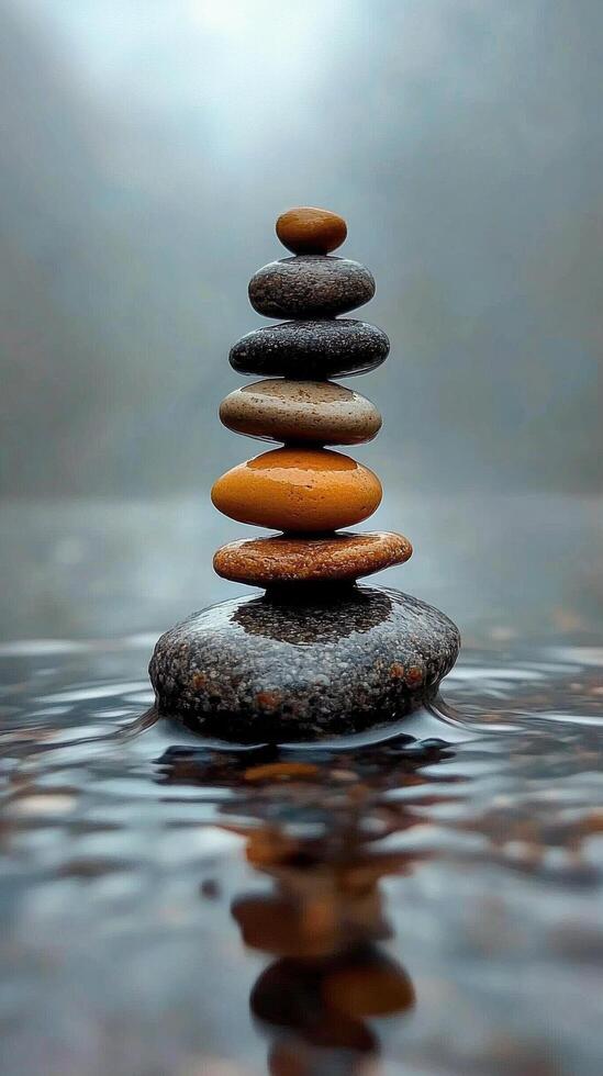 Stones stacked carefully in a tranquil stream surrounded by lush greenery and tall trees photo