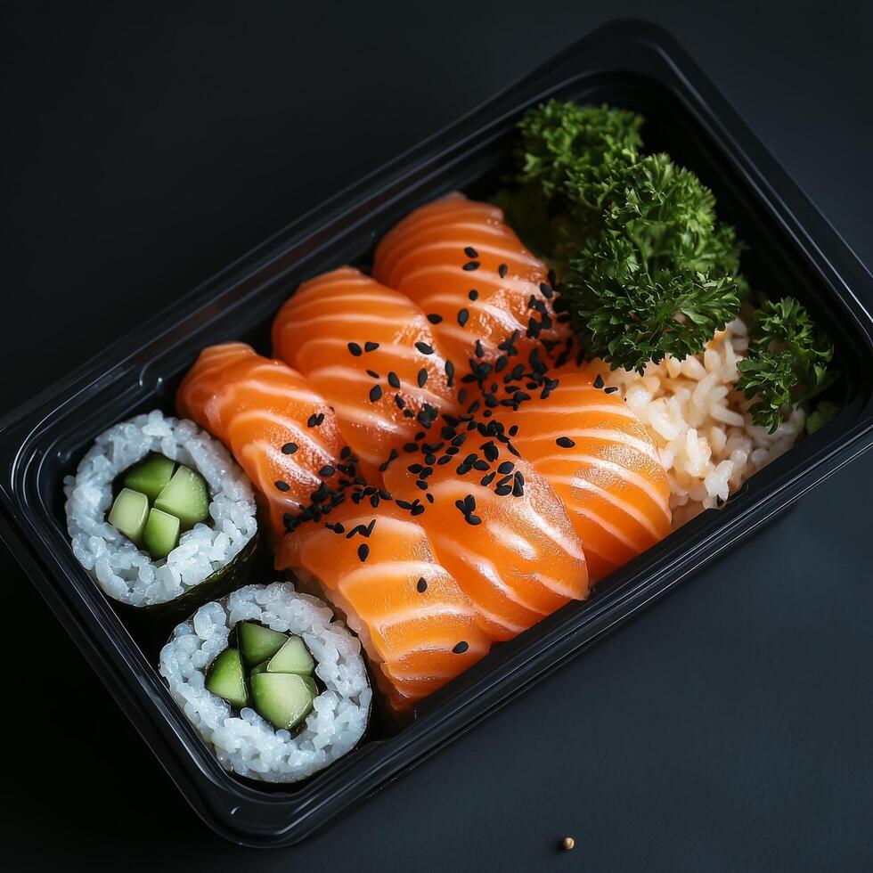 Fresh sushi platter with salmon sashimi and cucumber rolls in a takeout container photo