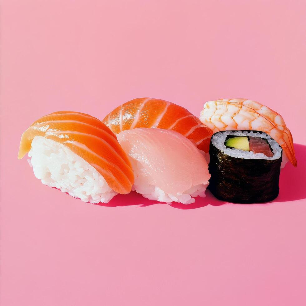 Colorful sushi platter with various fish types on vibrant pink background photo