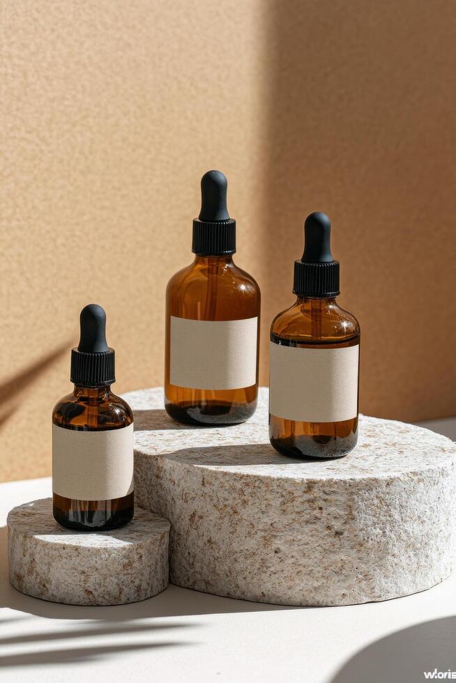 Elegant display of amber glass bottles on stone pedestals photo