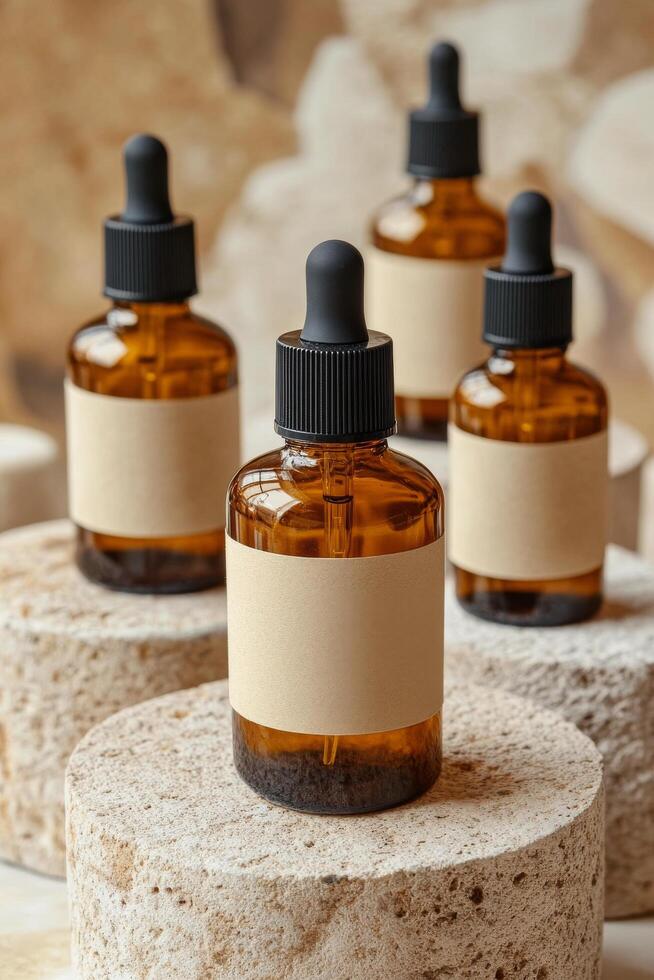 Elegant display of amber glass bottles on stone pedestals photo