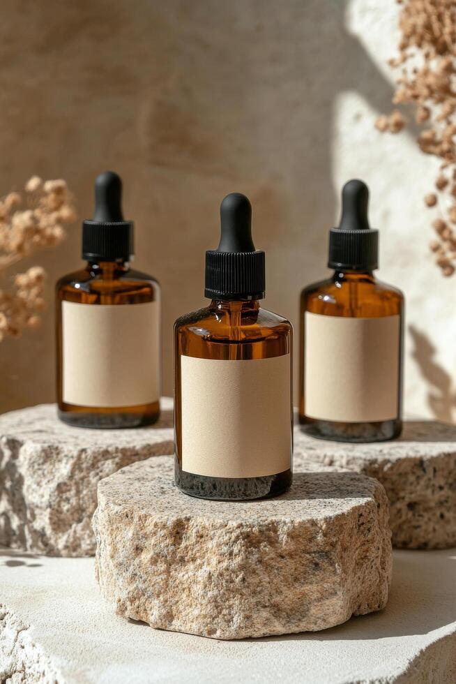 Elegant display of amber glass bottles on stone pedestals photo