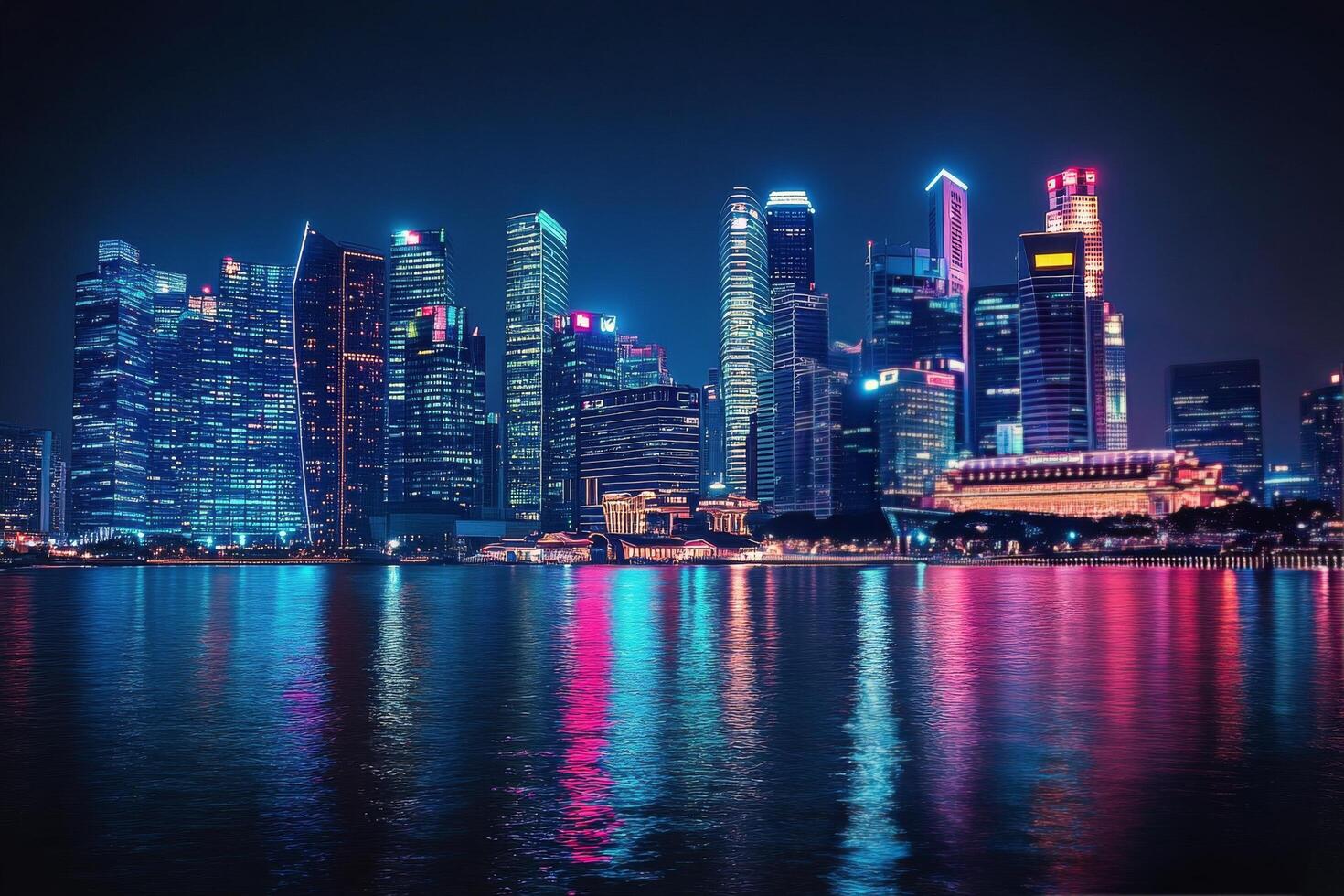 Vibrant skyline of Hong Kong reflected in the harbor at twilight with colorful lights illuminating the buildings photo
