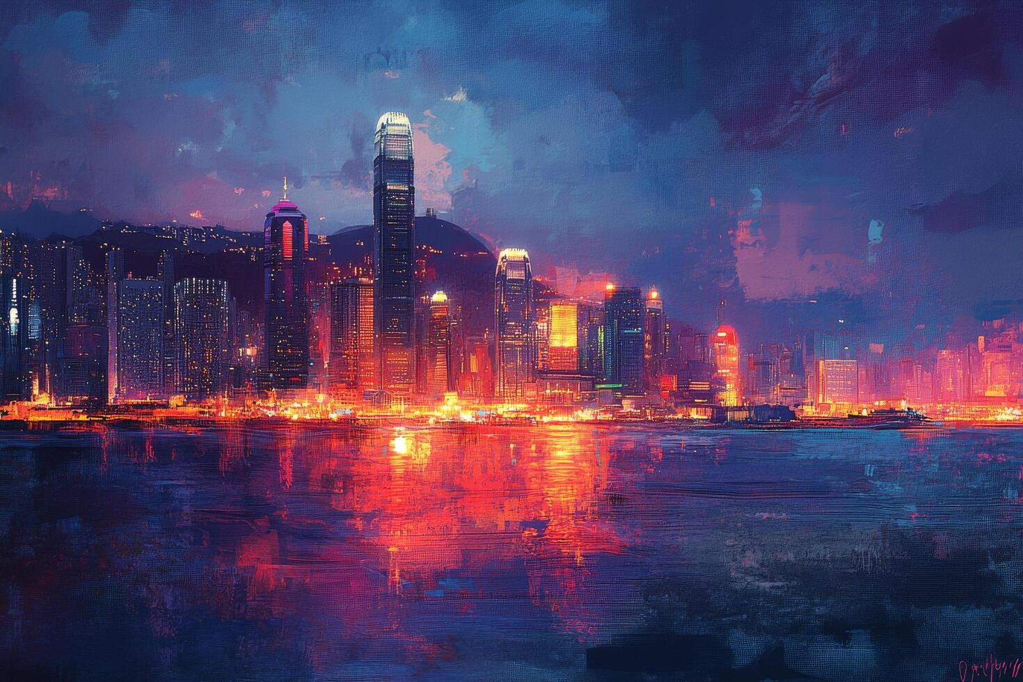Vibrant skyline of Hong Kong reflected in the harbor at twilight with colorful lights illuminating the buildings photo