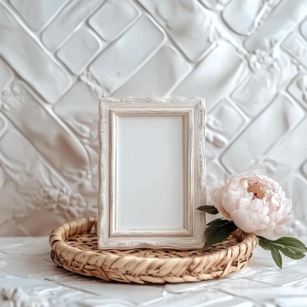 Elegant blank picture frame with peony flower on a textured background photo