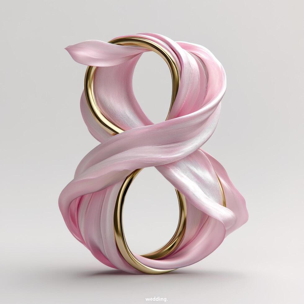 Elegant pink ribbon forming the number eight with wedding rings in a modern design concept photo