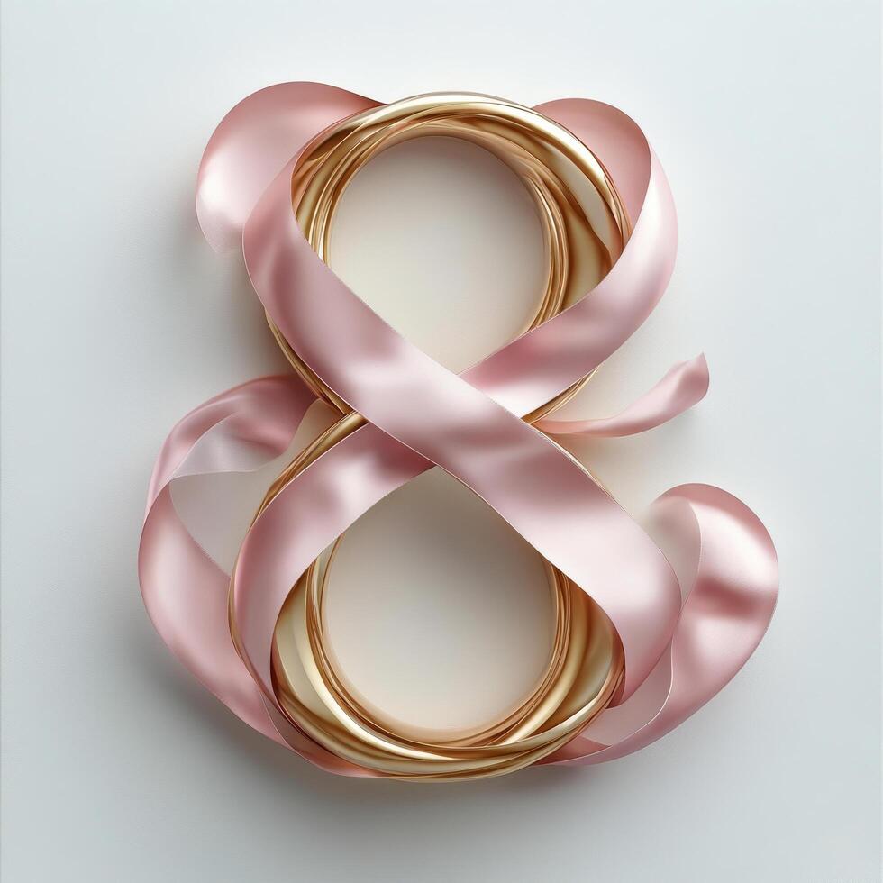 Elegant pink ribbon forming the number eight with wedding rings in a modern design concept photo