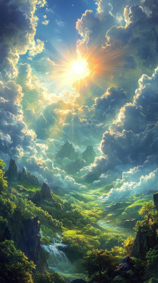 Majestic sunset over mountain landscape with vibrant clouds and sun rays photo