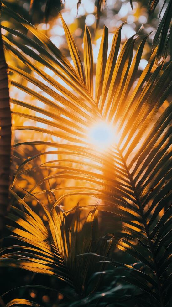 Sunset behind palm tree creating silhouette in tranquil outdoor setting during golden hour photo