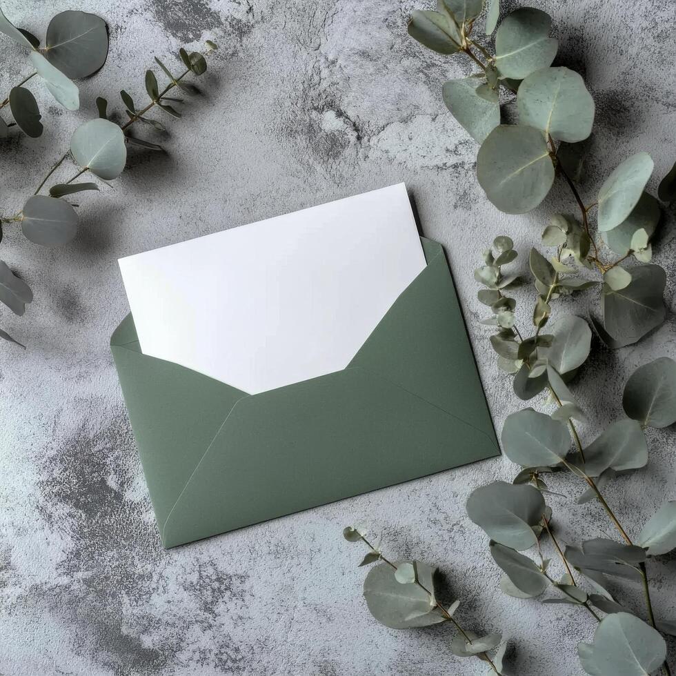 Elegant green envelope with blank card surrounded by eucalyptus leaves on textured gray surface photo