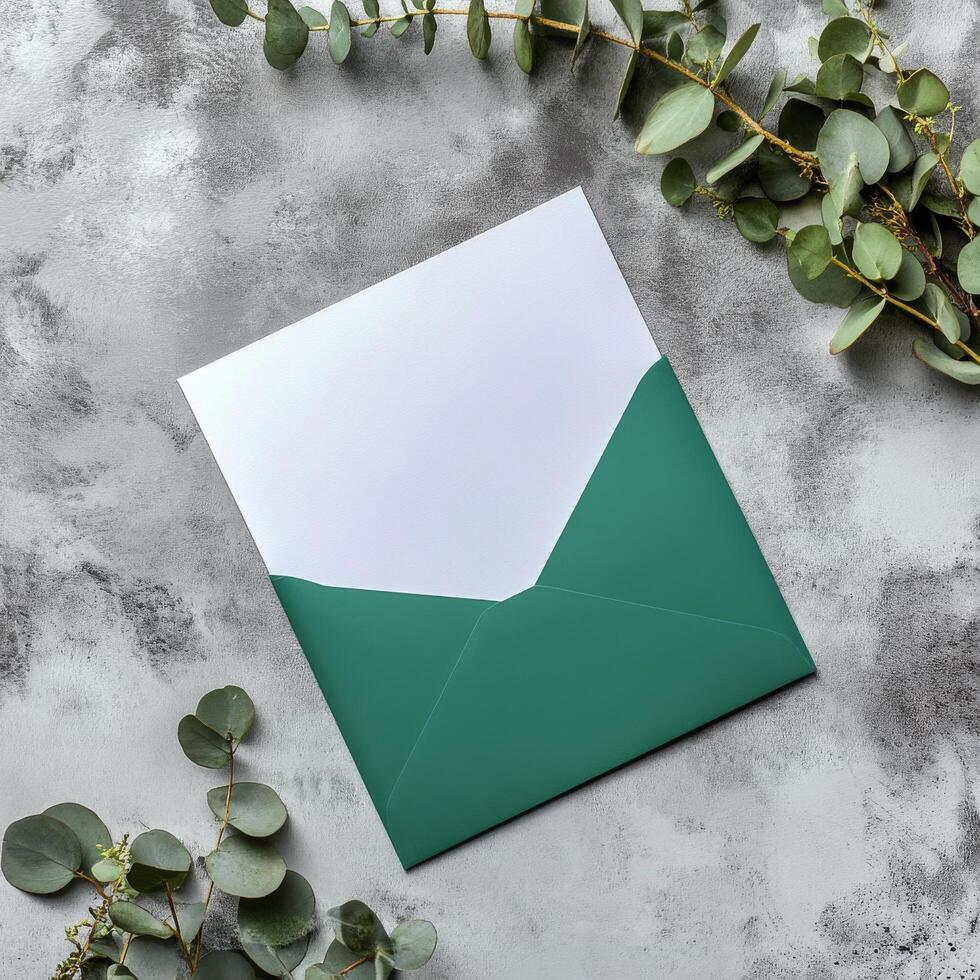 Elegant green envelope with blank card surrounded by eucalyptus leaves on textured gray surface photo