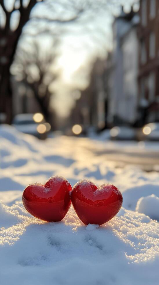Red hearts resting on snow create a cozy winter atmosphere in a chilly landscape photo
