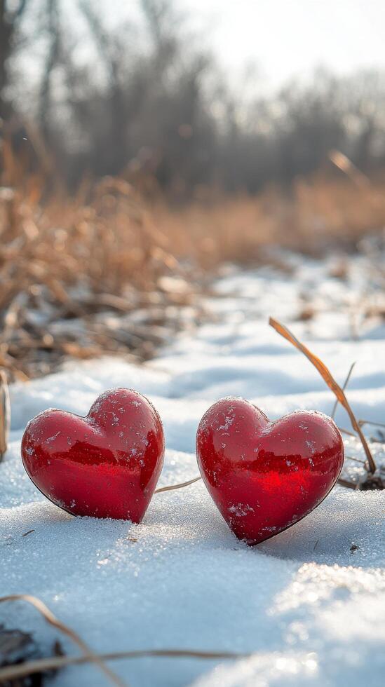 Red hearts resting on snow create a cozy winter atmosphere in a chilly landscape photo
