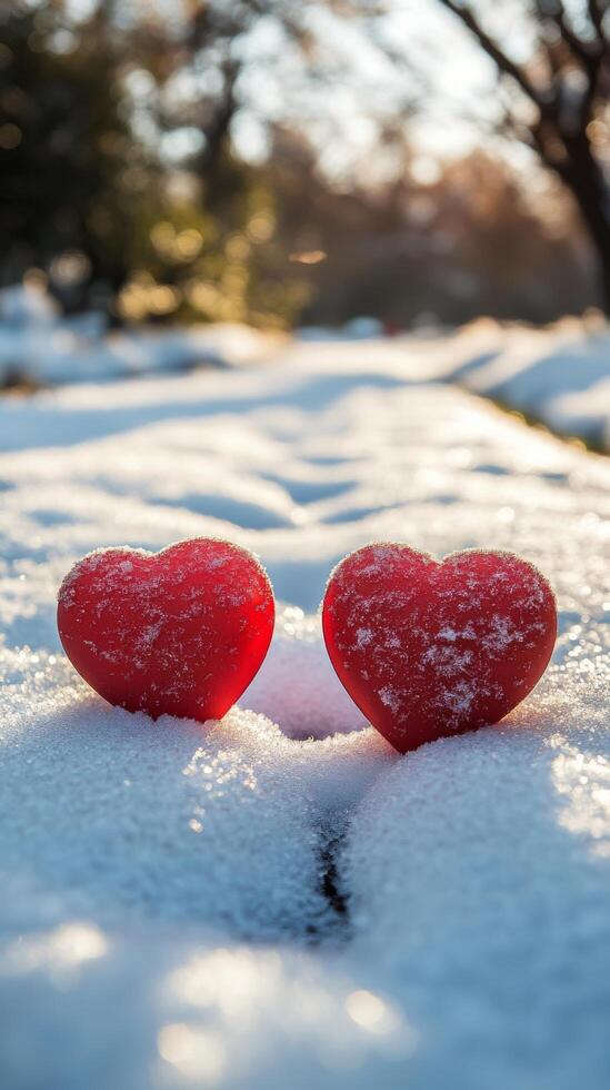 Red hearts resting on snow create a cozy winter atmosphere in a chilly landscape photo