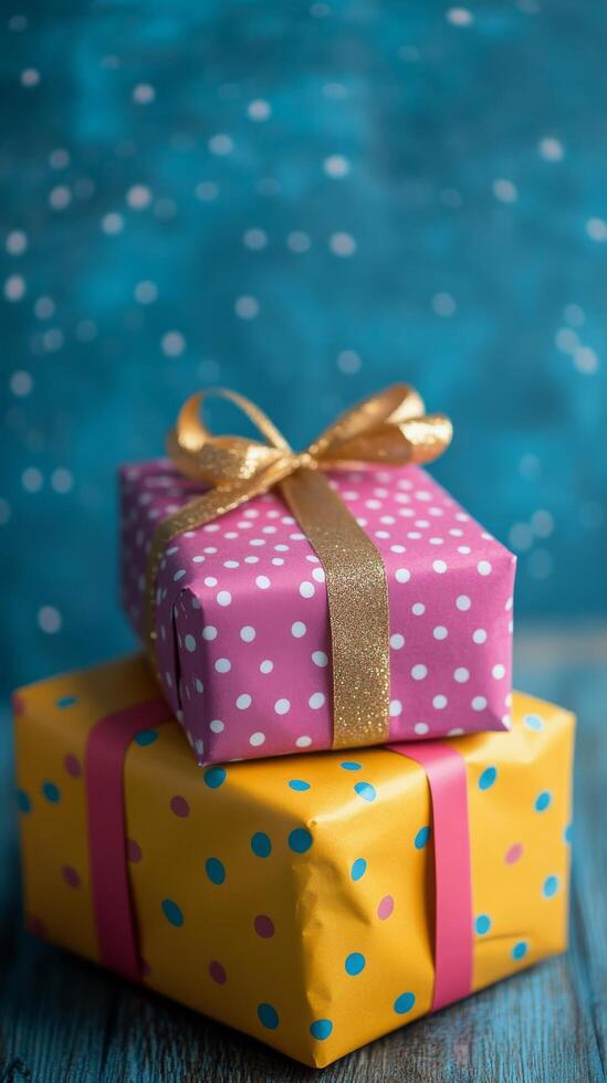 Colorful wrapped gifts on a blue background with bokeh highlights for festive occasions photo