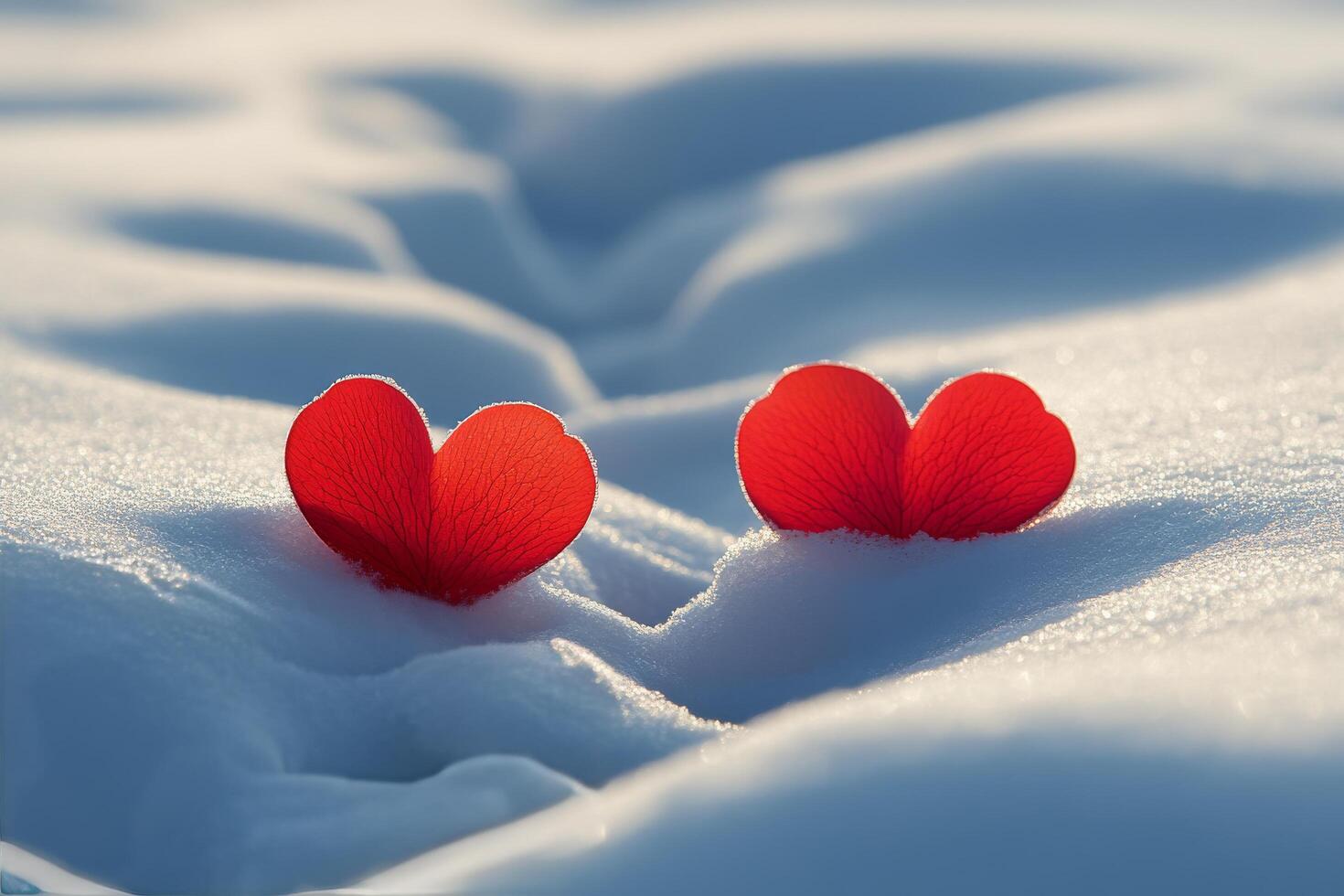 Red glass hearts resting on snow create a romantic winter atmosphere in the outdoors photo