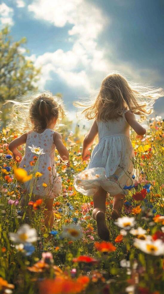 Two children run joyfully through a vibrant flower field on a sunny day photo