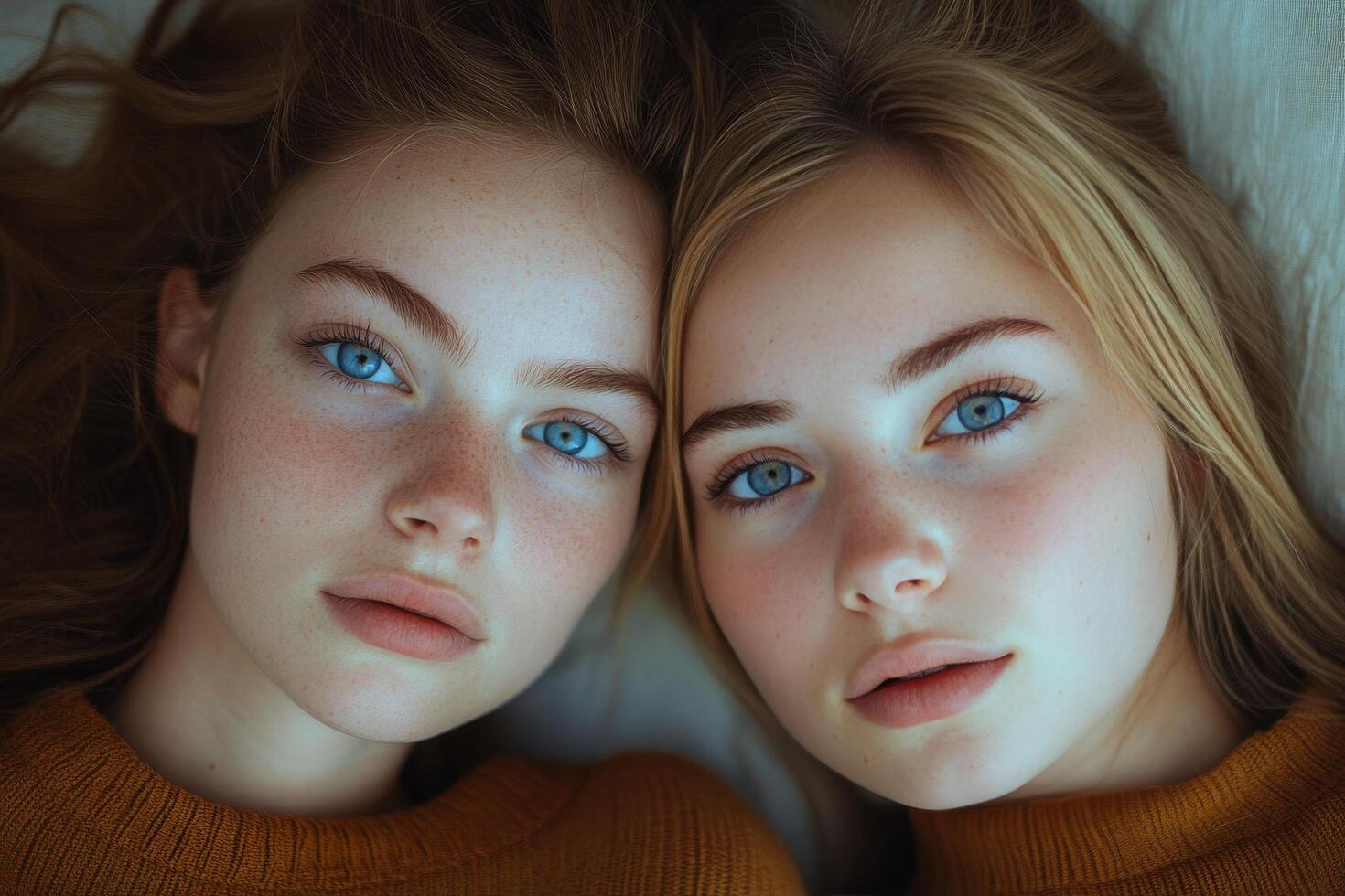 Twin sisters relaxing together with beautiful blue eyes and natural beauty photo