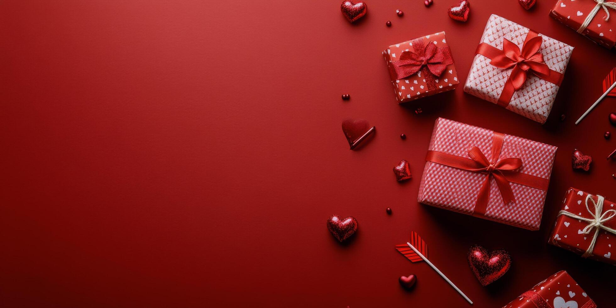 Colorful gift boxes and hearts set against a deep red background for romantic celebration photo
