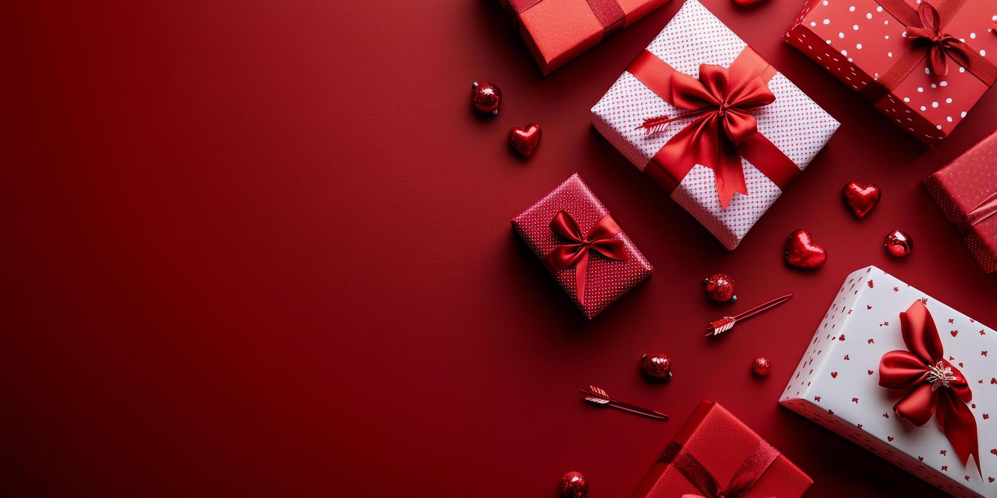 Colorful gift boxes and hearts set against a deep red background for romantic celebration photo
