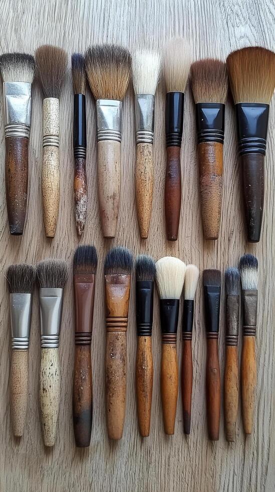 Collection of used makeup brushes displayed on a wooden surface with various colors and textures photo