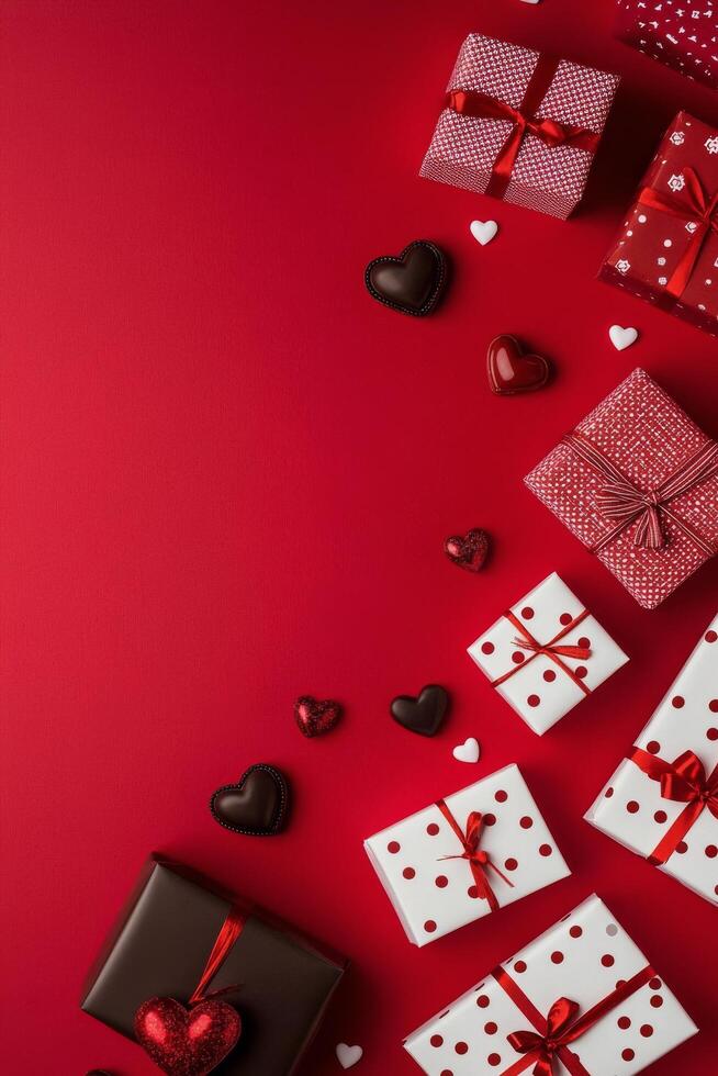 Gift boxes and chocolates arranged on a vibrant red background for a festive celebration photo